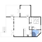 Wohnung mit Schlafzimmer, Küche und Bad. Treppenhaus und Orientierung. 