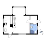 Einfamilienhausgrundriss mit Küche, Bad und Treppe zur oberen Etage.