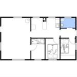 Wohnung mit Küche, Bad, Schlafzimmer und Wohnbereich. Mit Sofa und Bett.