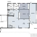 Funktionaler Grundriss mit Küche, Schlafzimmer, Bad und Terrasse.