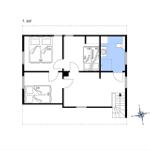 Erdgeschossplan mit Schlafzimmer, Küche und Bad.