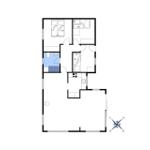 Zweizimmerwohnung mit Küche, Bad und Schlafzimmer. Raumverteilung mit Kompass.