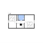 Erdgeschossplan mit Schlafzimmer, Bad und Treppe.