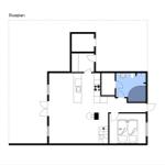 Stueplan zeigt Küche, Bad und Schlafzimmer mit 180 cm Bett.