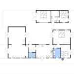 Wohnung mit drei Schlafzimmern, Küche und Bad. Grundriss mit Orientierung.