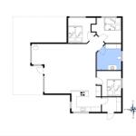 Wohnung mit drei Schlafzimmern, Küche und Bad. Raumübersicht mit Orientierung.