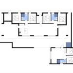 Grundriss einer Ferienwohnung mit mehreren Schlafzimmern und Badezimmern.