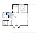 Wohnung mit drei Schlafzimmern, Küche und Bad. Grundriss mit Orientierung.