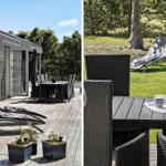 Terrasse mit Loungemöbeln und Esstisch. Hintergrund: grüner Garten mit Bäumen.