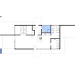 Stueplan zeigt Wohnraum, Küche, Badezimmer und Schlafzimmer mit Betten.
