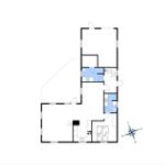 Einfamilienhausgrundriss mit Küche, Schlafzimmer und Bad.