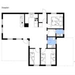 Stueplan zeigt Wohnfläche mit Küche, Schlafzimmer und Badezimmer.