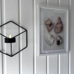 Wand mit schwarzem Hexagon-Lampe und gerahmten Muscheln