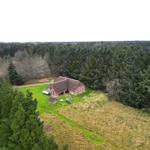 Roter Holzhaus mit Dach, umgeben von Wald und Grünfläche mit Spielplatz.