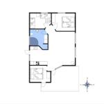 Wohnung mit drei Schlafzimmern, Küche und Bad. Flur mit Treppe.