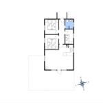 Zwei Schlafzimmer, Küche, Bad und Wohnbereich mit Kompassausrichtung.