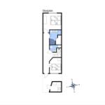 Stueplan zeigt zwei Schlafzimmer, Bad und Küche mit Kompass.