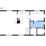 Stueplan zeigt Küche, Bad und Schlafzimmer mit Treppenhaus.