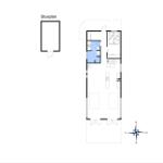 Stueplan zeigt Grundriss mit Küche, Schlafzimmer und Bad.