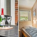 Terrasse mit Flasche und Gläsern. Schlafzimmer mit Bett und Fenster.