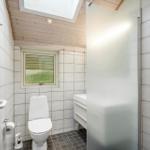 Badezimmer mit Toilette, Dusche und Fenster. Holzdecke und Fliesenwand.