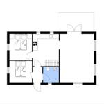Zwei Schlafzimmer, Küche, Bad und Wohnbereich mit Treppenhaus.