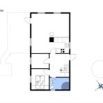 Stueplan zeigt Wohnraum, Küche, Bad und Schlafzimmer mit 140 und 200 cm Betten.