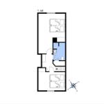 Erdgeschoss mit zwei Schlafzimmern, Bad und Küche.