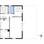 Wohnung mit zwei Schlafzimmern, Küche und Bad. Großer Wohnbereich mit Sofa.