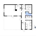 Wohnung mit Küche, Bad und drei Schlafzimmern.