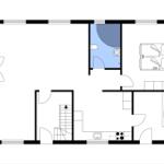 Wohnung mit Küche, Bad, Schlafzimmer und Treppe zur oberen Etage.