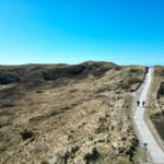 Weg durch Dünenlandschaft mit Blick auf Haus und Meer