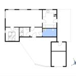 Wohnung mit Küche, Bad und zwei Schlafzimmern. Raumverteilung mit Kompass.