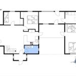 Stueplan zeigt Wohn- und Schlafbereiche mit Bad und Küche.