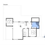 Stueplan zeigt Wohnfläche mit Küche, Bad und Schlafzimmer.