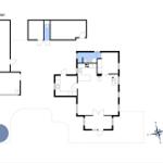 Stueplan zeigt Grundriss mit Küche, Bad und Terrasse.