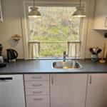 Küche mit Waschbecken, Fenster und Küchengeräten