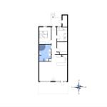 Wohnung mit zwei Schlafzimmern, Küche und Bad. Haupteingang im Süden.