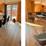 Essbereich mit Tisch und Stühlen. Wohnbereich mit Sofa, Sessel und Kamin.