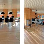 Esszimmer mit Tisch und Stühlen. Wohnzimmer mit Sofa, Kamin und Tisch.