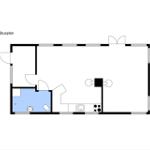 Stueplan zeigt Wohnbereich, Küche und Bad mit Dusche und WC.