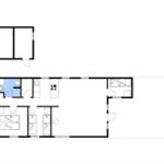 Wohnung mit Küche, Schlafzimmer und Bad. Raumübersicht mit Orientierung.