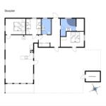 Stueplan zeigt Schlafzimmer, Küche und Bad mit Maßen.