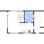 Ein Raum mit Schlafplatz, Küche und Bad. Orientierung mit Kompass.