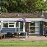 Ein Ferienhaus mit Terrasse, Tisch, Stühlen und Sonnenschirm. Grill und Wald im Hintergrund.