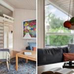 Wohnzimmer mit Sofa, Stuhl und Tisch. Fenster mit Blick auf Grün. Hängelampe mit bunten Kugeln.