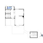 Wohnung mit drei Schlafzimmern, Küche und Bad. Außenbereich mit drei Fenstern.