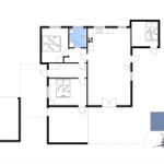 Wohnung mit drei Schlafzimmern, Küche und Bad. Außenbereich mit Terrasse.