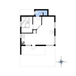 Wohnung mit Schlafzimmer, Küche und Bad. Raumübersicht mit Kompass.