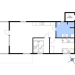 Wohnung mit zwei Schlafzimmern, Küche und Bad. Außenbereich mit Schuppen.